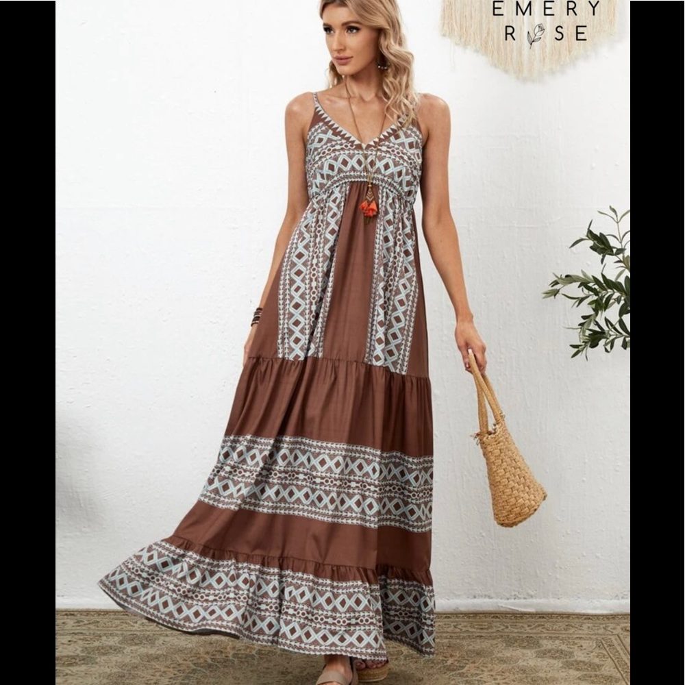 Emery Rose Boho Maxi Dress Brown Light Blue
